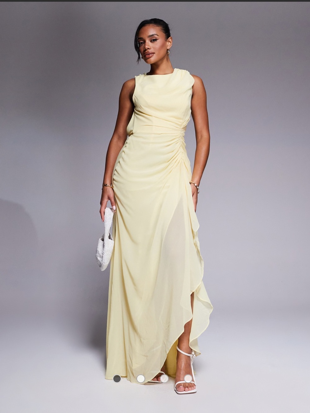ASOS DESIGN gathered waist ruffle maxi dress with open back in pale yellow